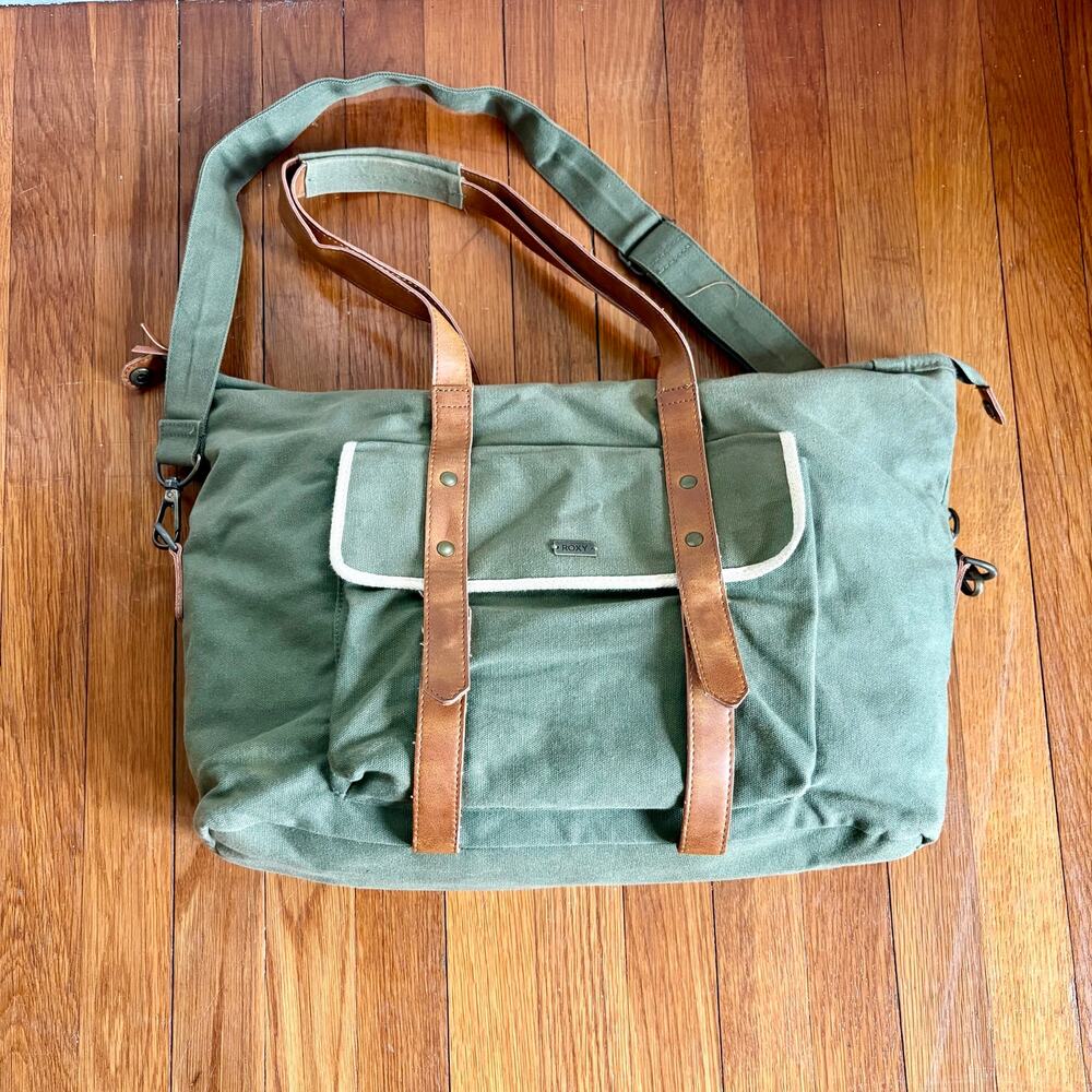 Roxy Canvas Duffel Bag Green Weekender Shoulder Bag Travel Tote